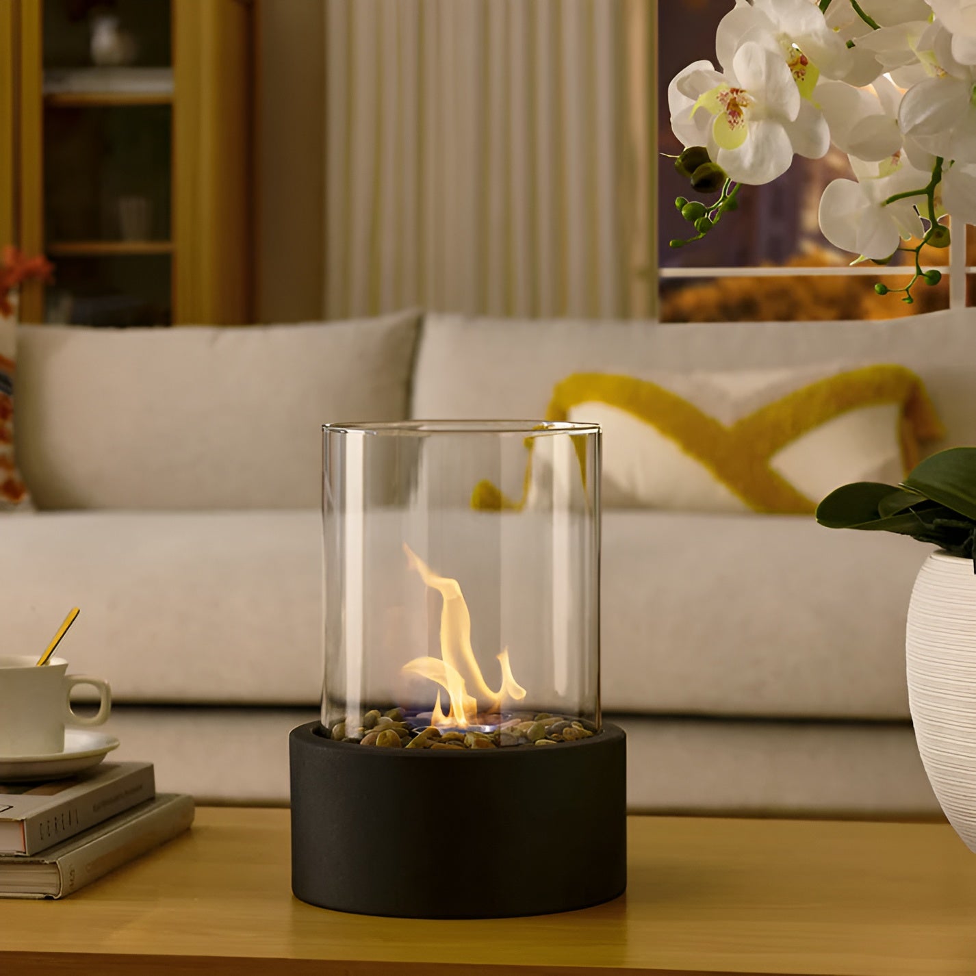 Modern Tabletop Fireplace with Black Metal Base – Clean Burning Indoor/Outdoor Fire Table Top with Real Flames and Decorative Stones 1