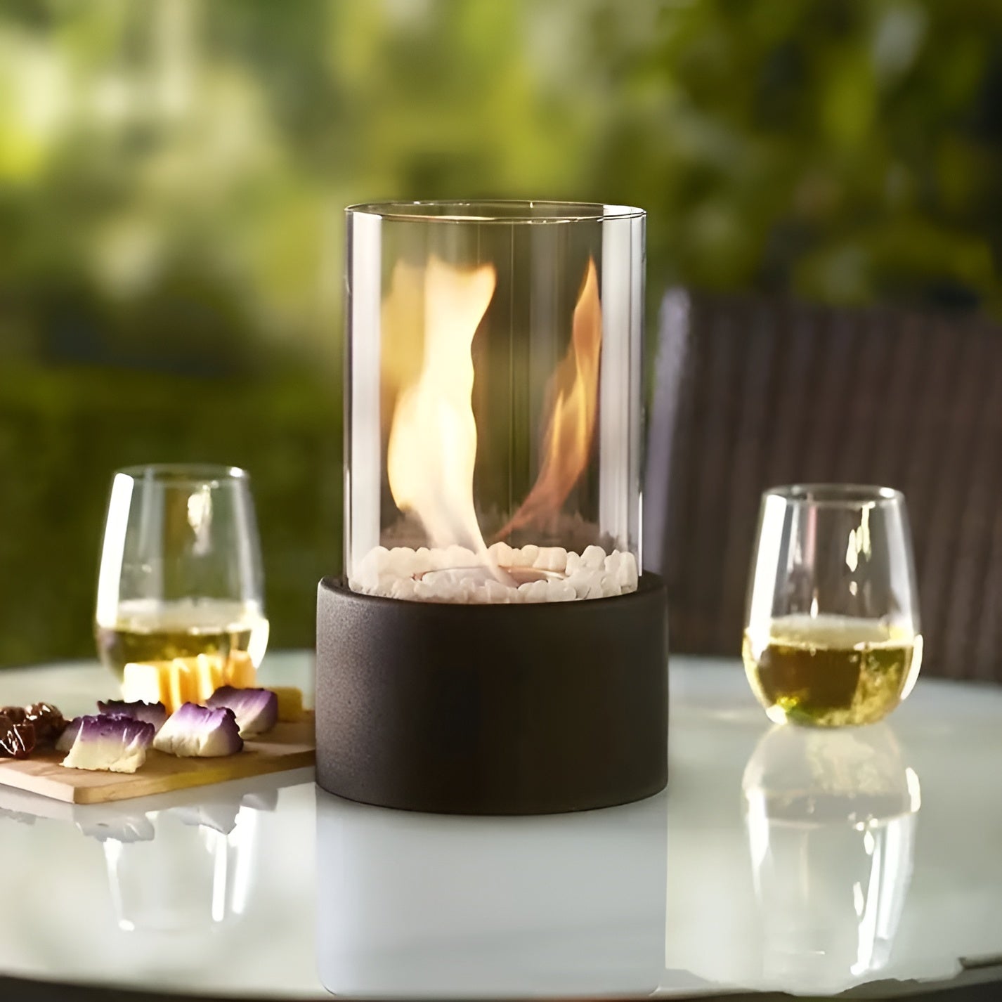 Modern Tabletop Fireplace with Black Metal Base – Clean Burning Indoor/Outdoor Fire Table Top with Real Flames and Decorative Stones 2