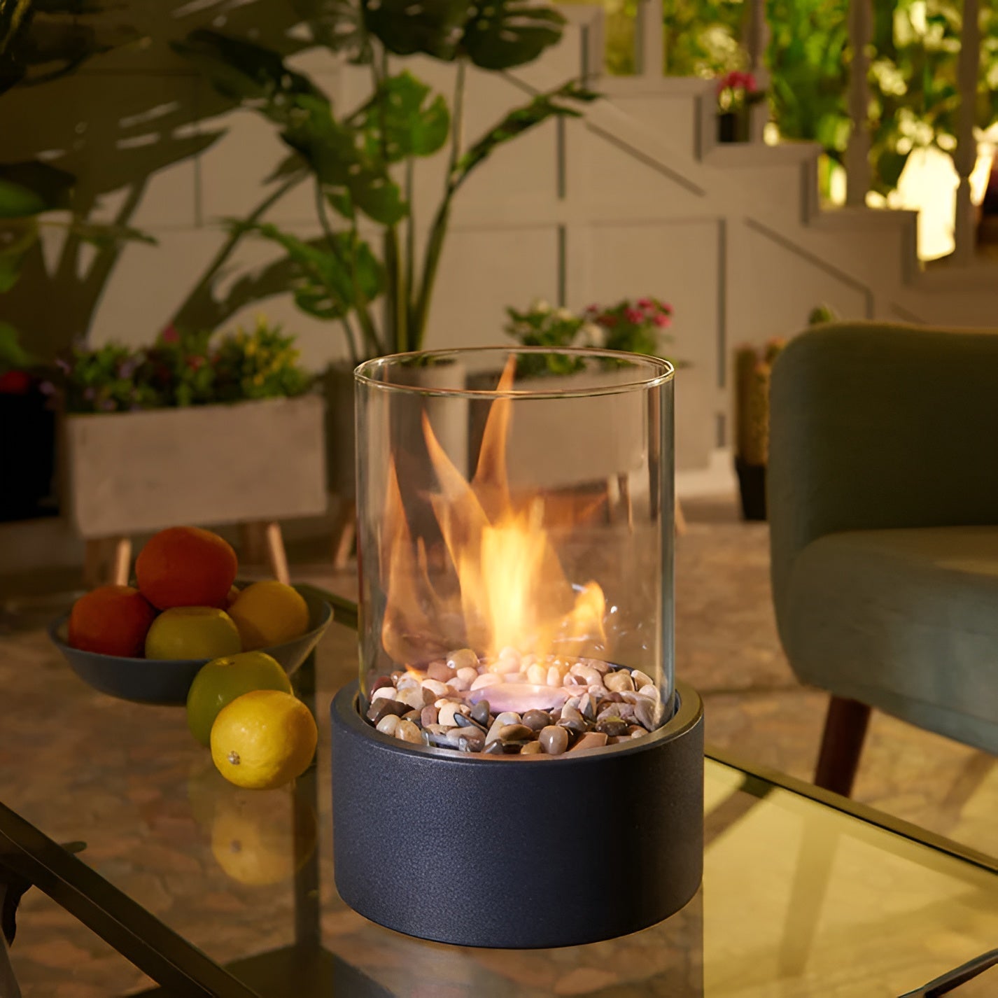 Modern Tabletop Fireplace with Black Metal Base – Clean Burning Indoor/Outdoor Fire Table Top with Real Flames and Decorative Stones 7