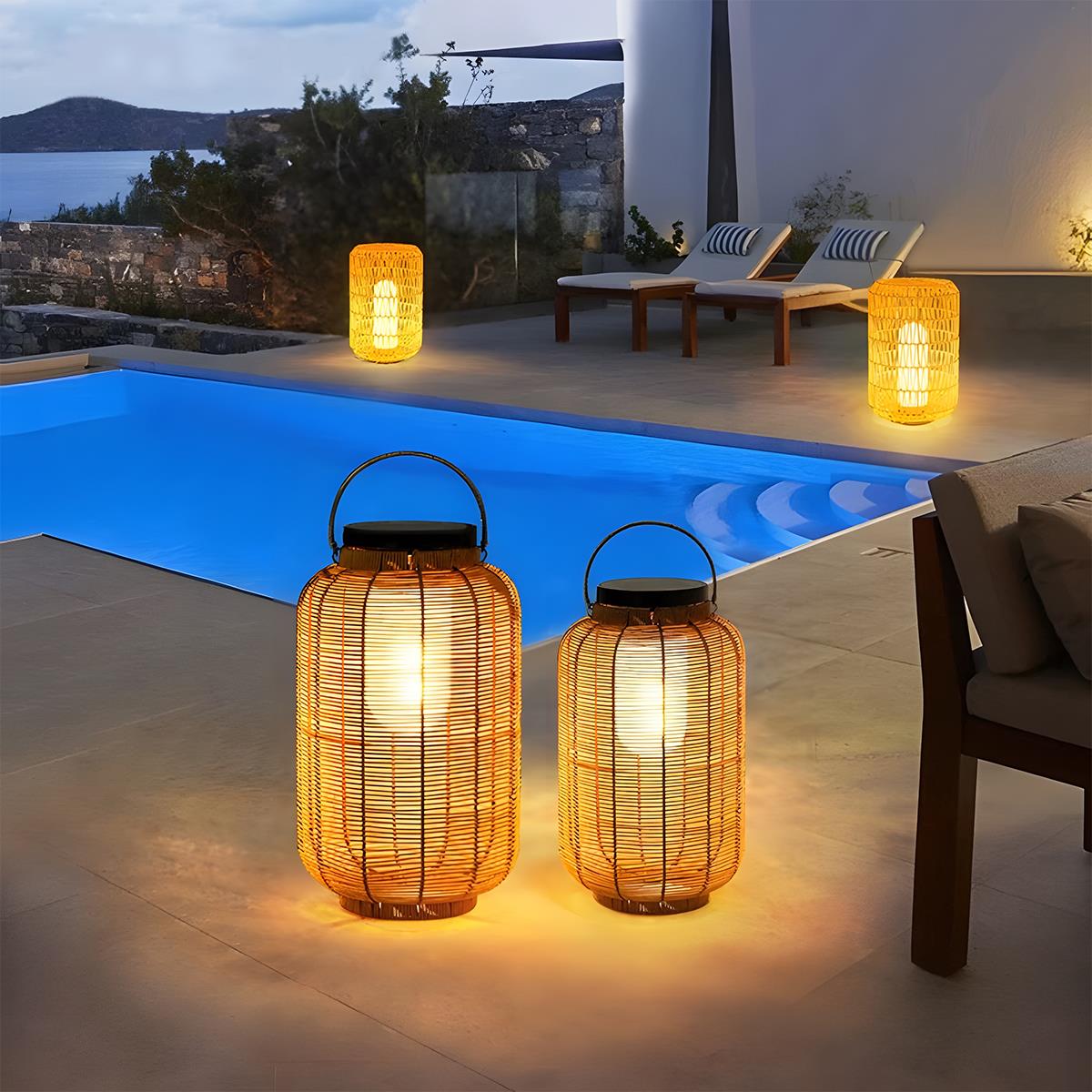 Portable Lantern Rattan LED Waterproof Solar Outdoor Lights Floor Lamp