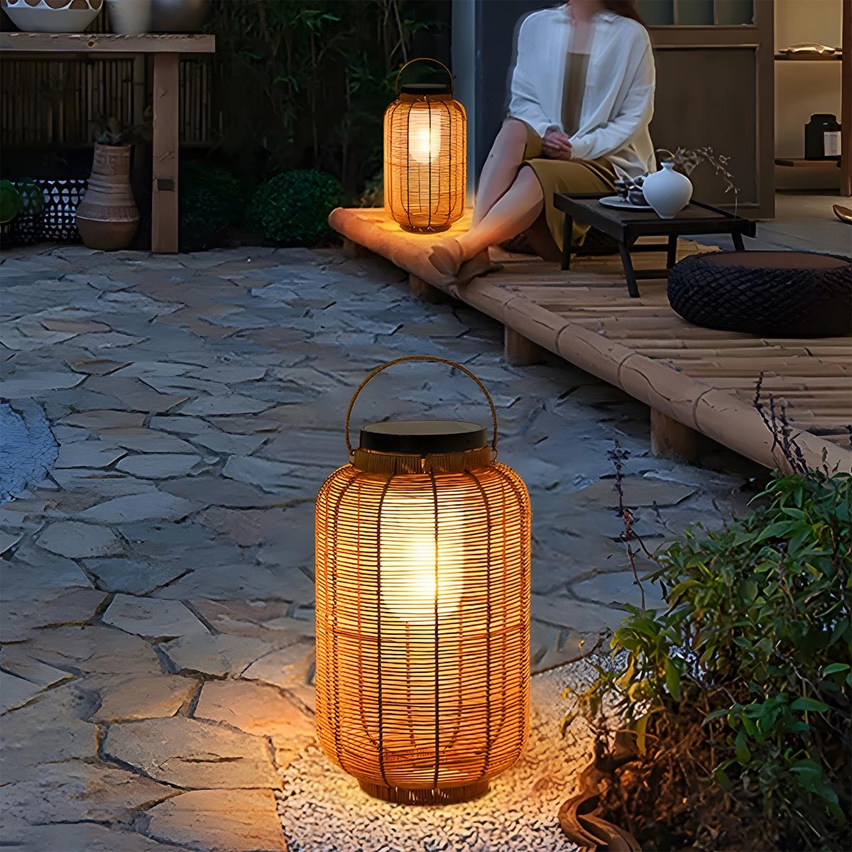 Portable Lantern Rattan LED Waterproof Solar Outdoor Lights Floor Lamp