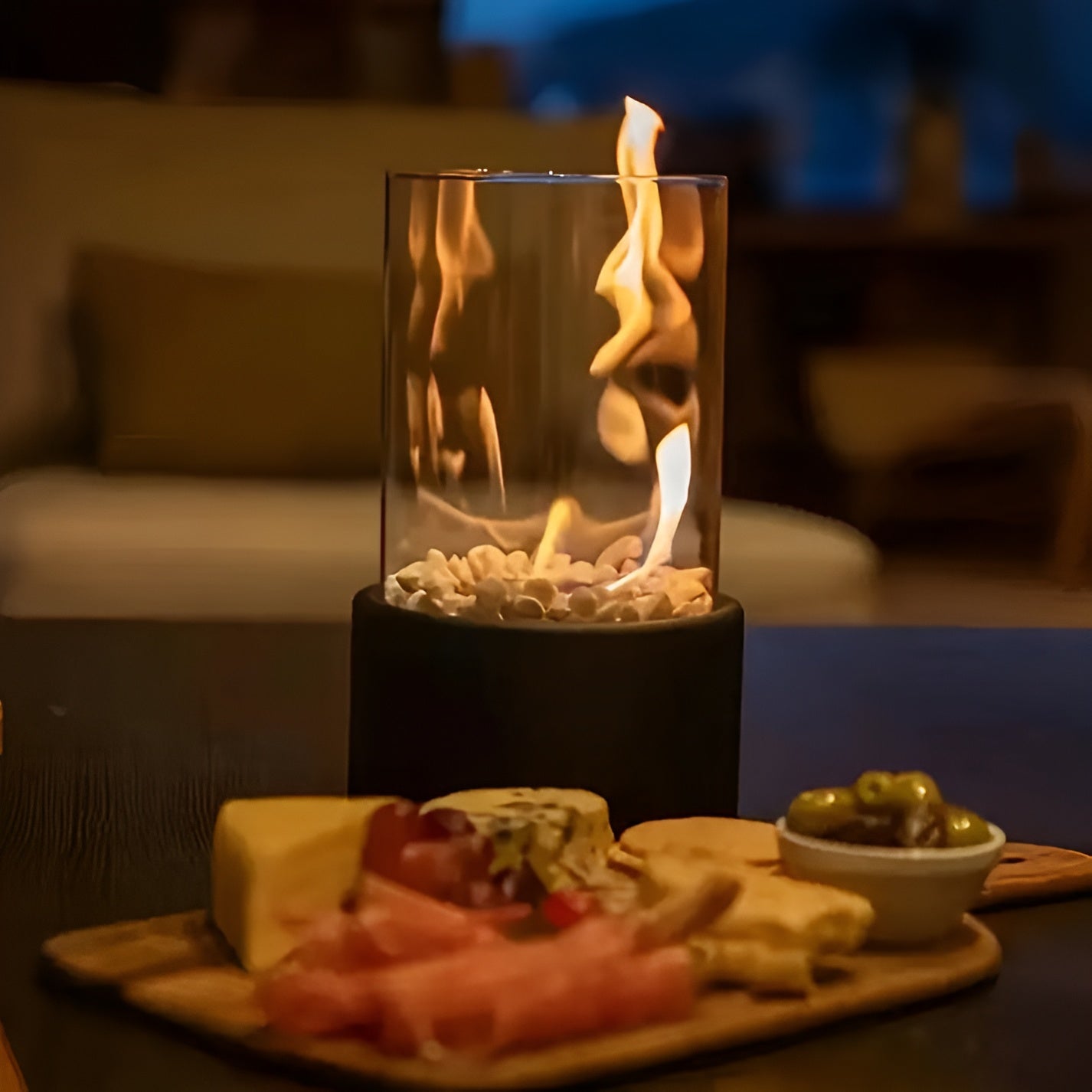 Modern Tabletop Fireplace with Black Metal Base – Clean Burning Indoor/Outdoor Fire Table Top with Real Flames and Decorative Stones 0