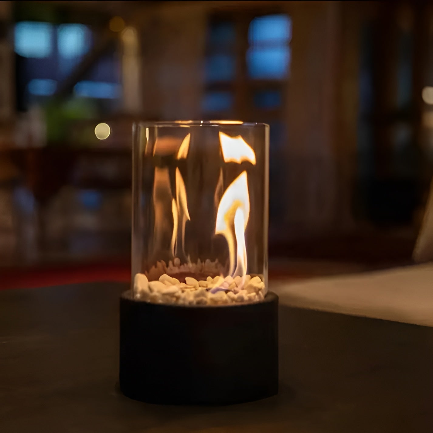 Modern Tabletop Fireplace with Black Metal Base – Clean Burning Indoor/Outdoor Fire Table Top with Real Flames and Decorative Stones 3