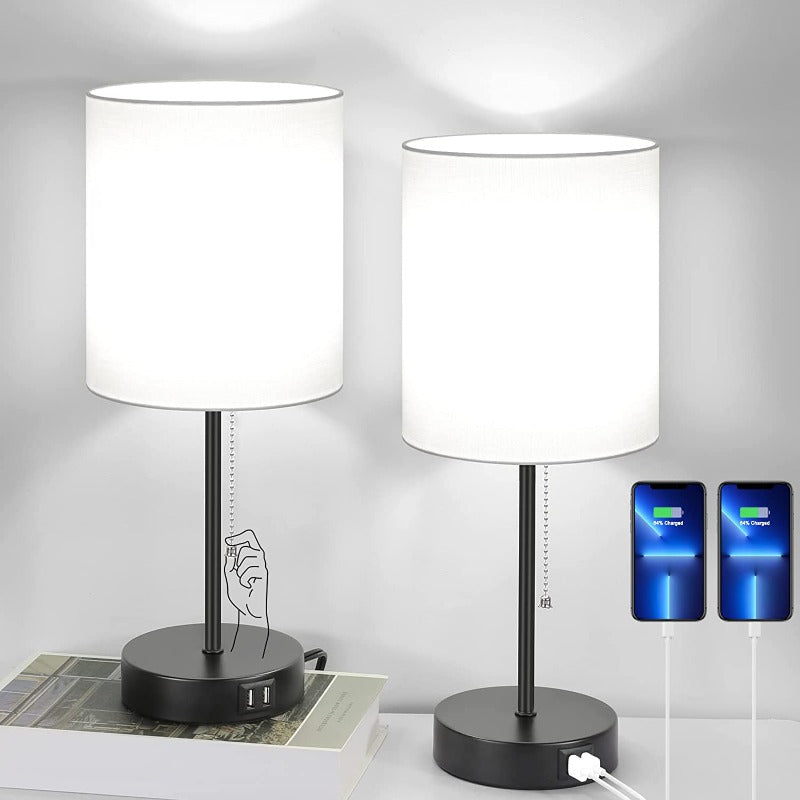 Set of 2 Modern Table Lamps with USB Ports &amp; AC Outlet