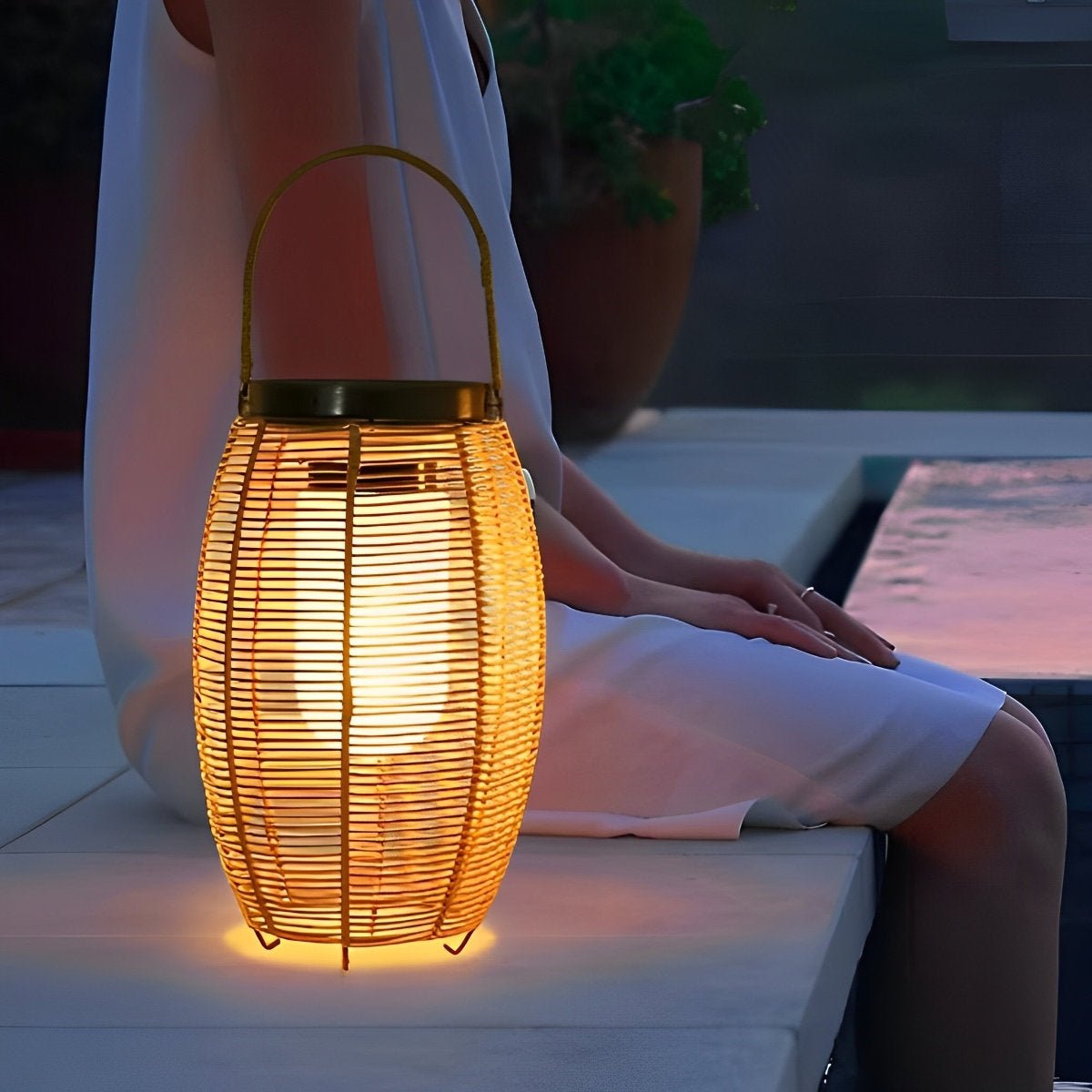Portable Lantern Rattan LED Waterproof Solar Outdoor Lights Floor Lamp